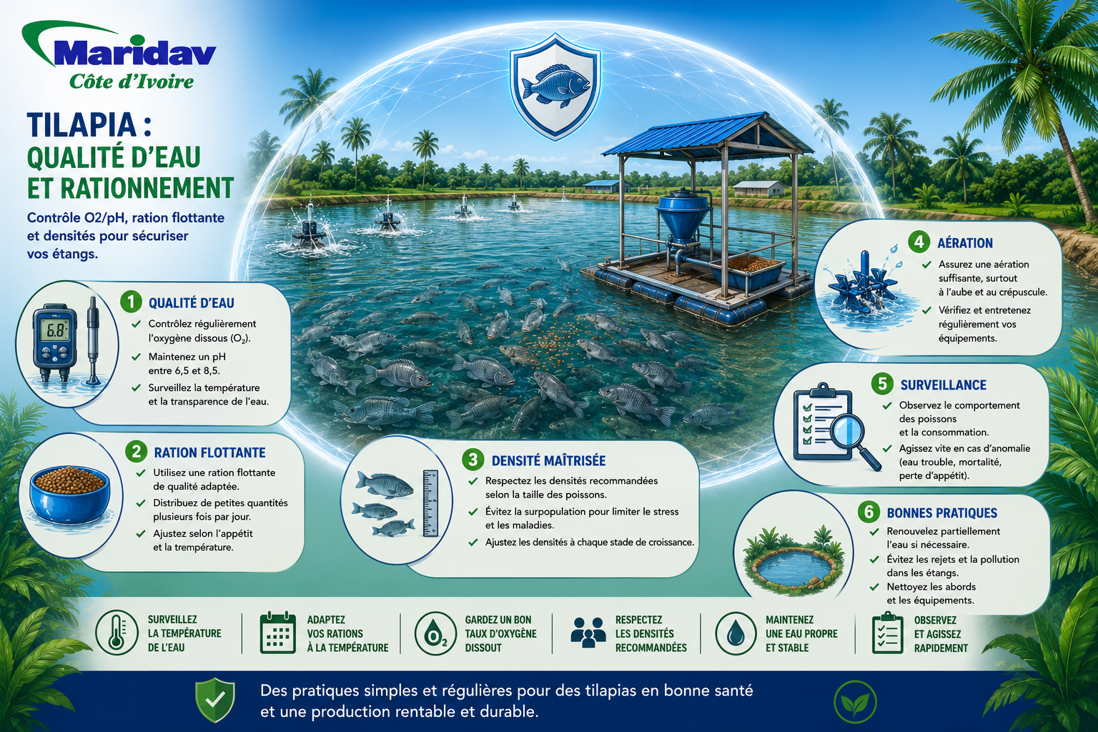 Tilapia : qualité d’eau et rationnement — contrôle O2/pH, ration flottante, densité maîtrisée et aération
